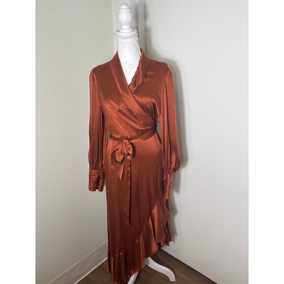 Zimmerman Rust Silk Wrap Midi Dress Sz 2 - Picture 1 of 4